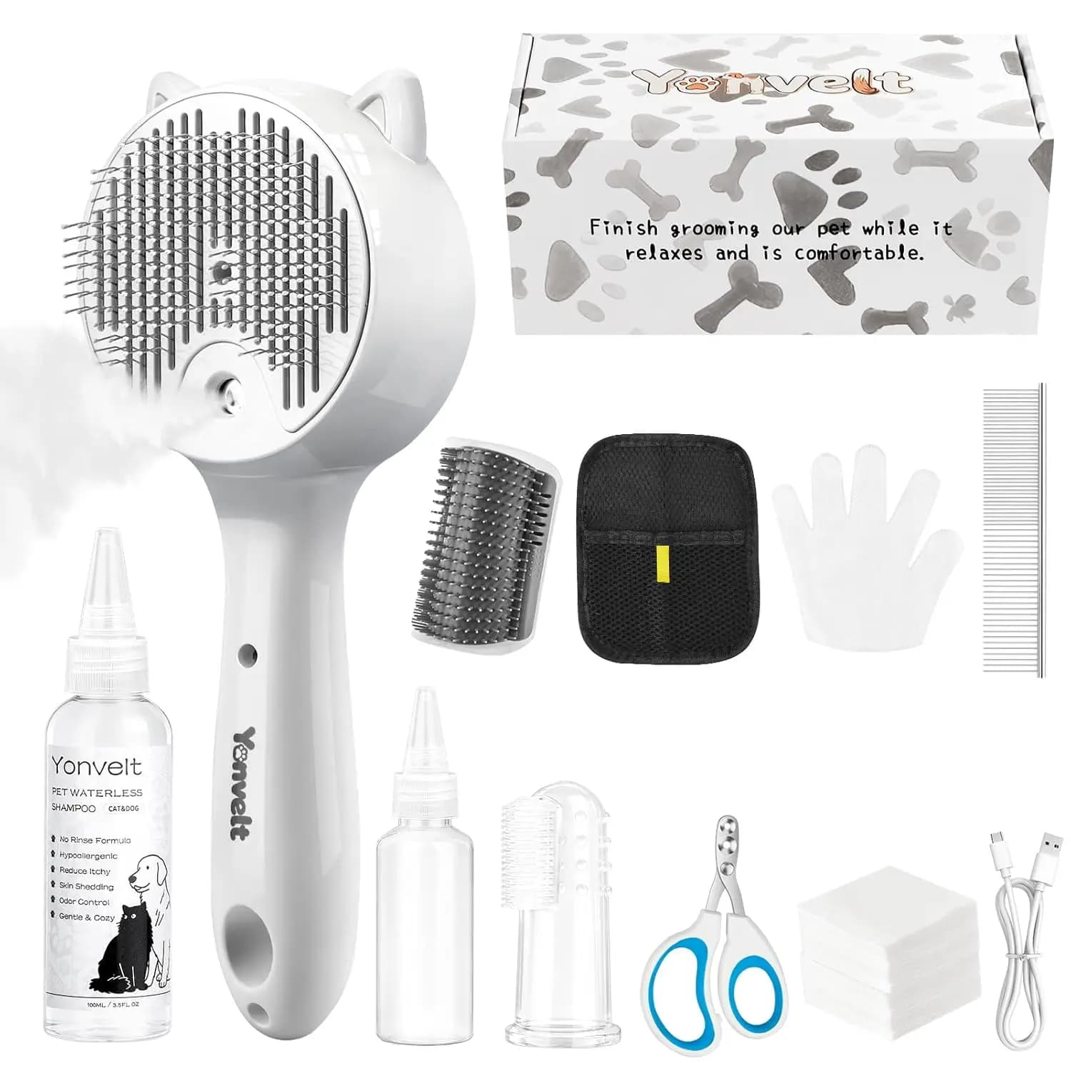 Kit Completo per la Toelettatura degli Animali Domestici: Spazzola Nebulizzatrice, Shampoo Senz'Acqua, Raschietto, Tagliaunghie e Altro - Set Regalo per Cani e Gatti