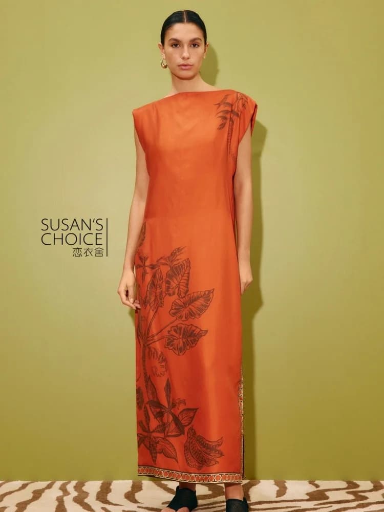 Abito Casual da Vacanza SUSAN in Seta Stampata con Scimmie, Senza Maniche, Collo a Barchetta, Arancione Rosso, Vestito Dritto da Donna per le Vacanze