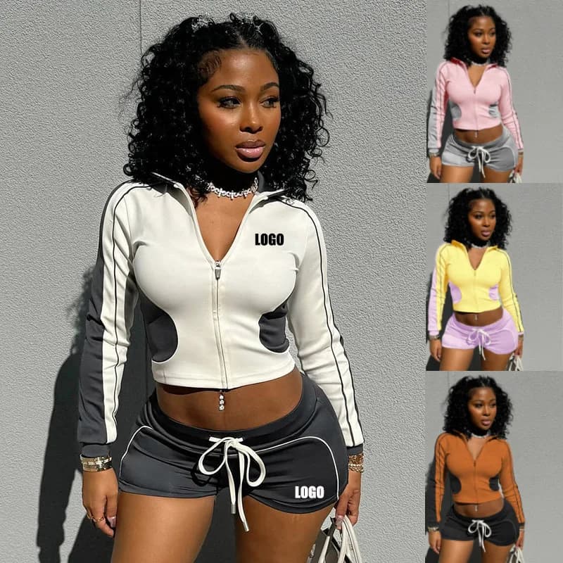Women's custom LOGO 2025 spring stand-up neck slim fitness wear skinny top sports jacket shorts set