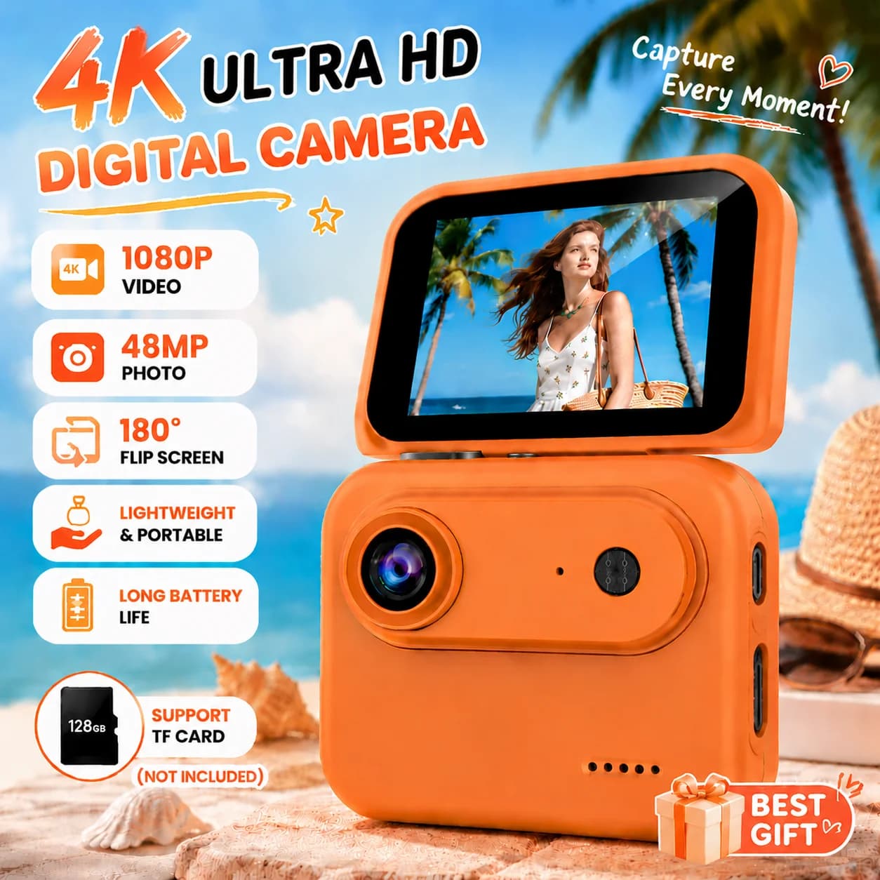 4K Ultra HD Action Camera with Flip Screen VLOG Recorder Wide-Angle Lens Cycling Camera Portable Sports Mini Cam Outdoor Travel