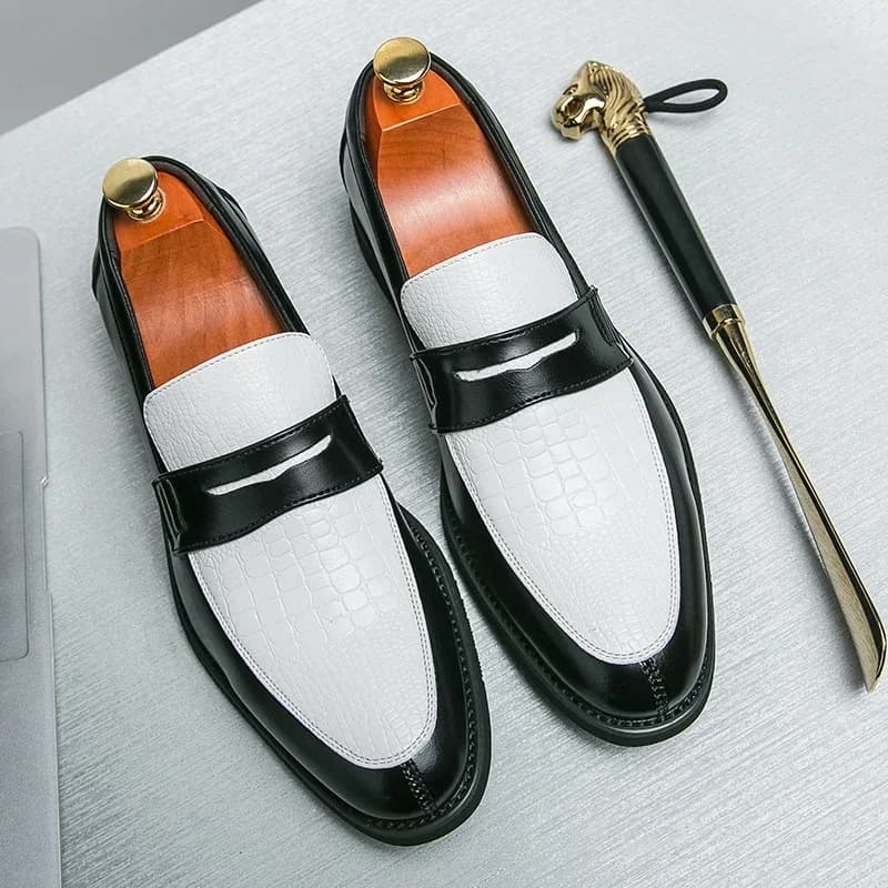 Mocassini Penny da Uomo Neri e Bianchi con Motivo Coccodrillo, Scarpe in Pelle di Lusso per Feste e Business, Calzature Estive Slip-On alla Moda
