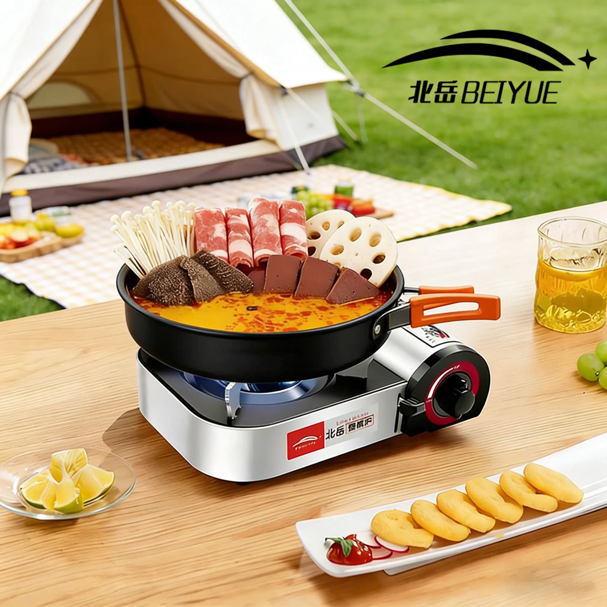BEIYUE Set of 1 piece of mini portable stove with kettle, pan and pan, suitable for camping, picnic and outdoor excursions.