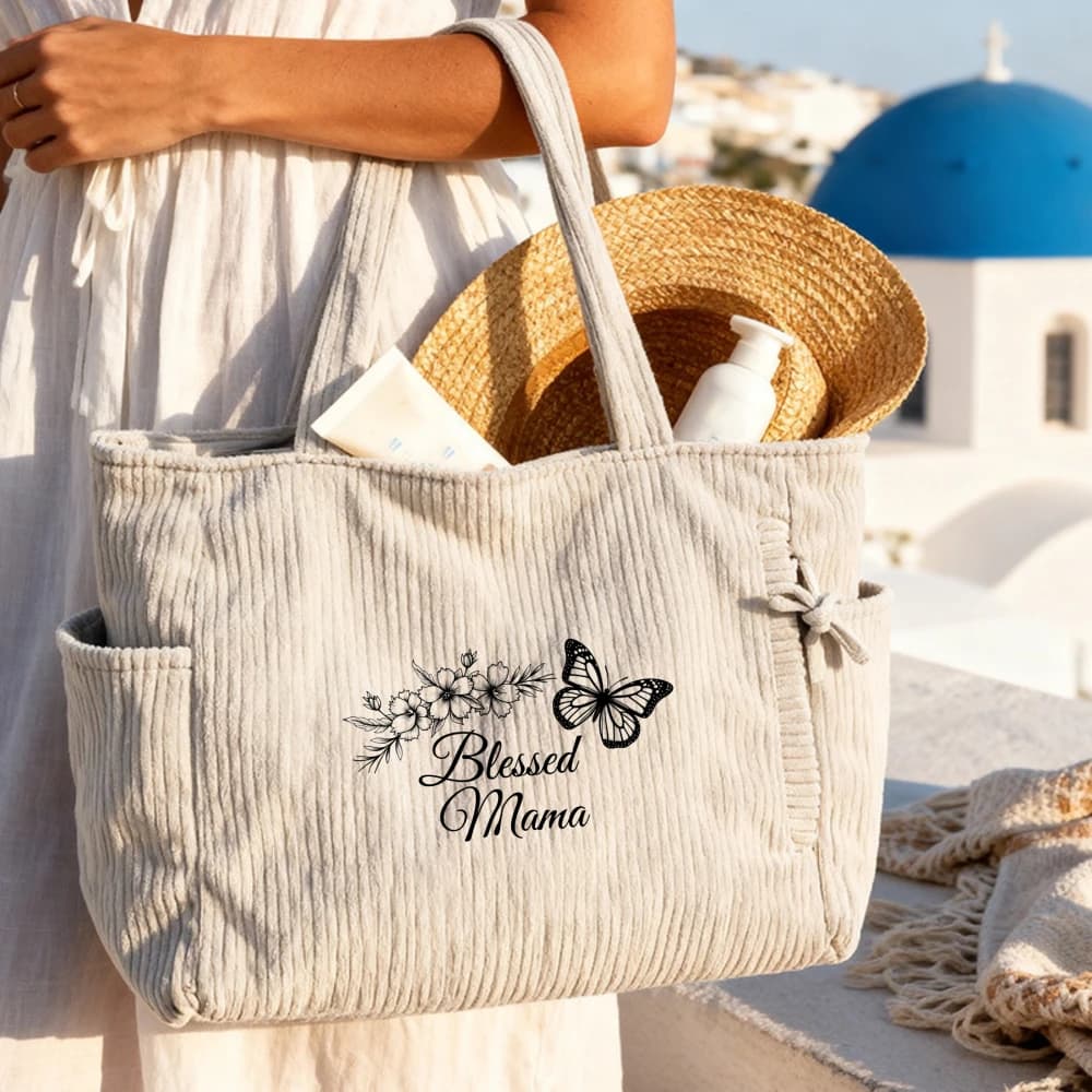 Borsa Tote in Velluto a Coste con Tasche Laterali, Borsa a Spalla Grande con Farfalle, Regalo Perfetto per la Festa della Mamma, Borsa a Mano per Uso Quotidiano
