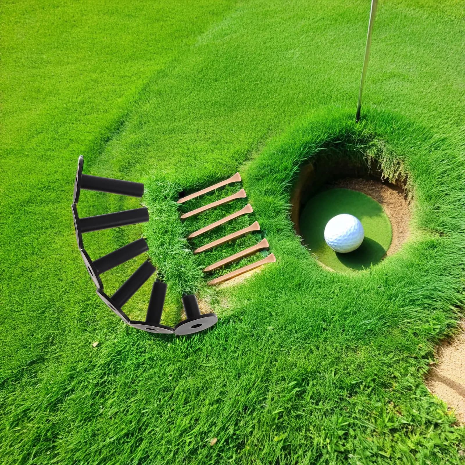 Set di 6 Supporti in Gomma per Tee da Golf, per Tappetini, con Picchetti in Legno Nero Indistruttibili, Altezza 35, 54, 65, 70, 75, 83 mm, per Campo Pratica e Simulatore di Golf