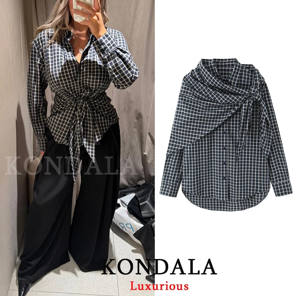 KONDALA Camicetta Vintage Casual Chic da Donna con Sciarpa a Quadri, Monopetto, Maniche Lunghe, Moda Primavera Estate 2026
