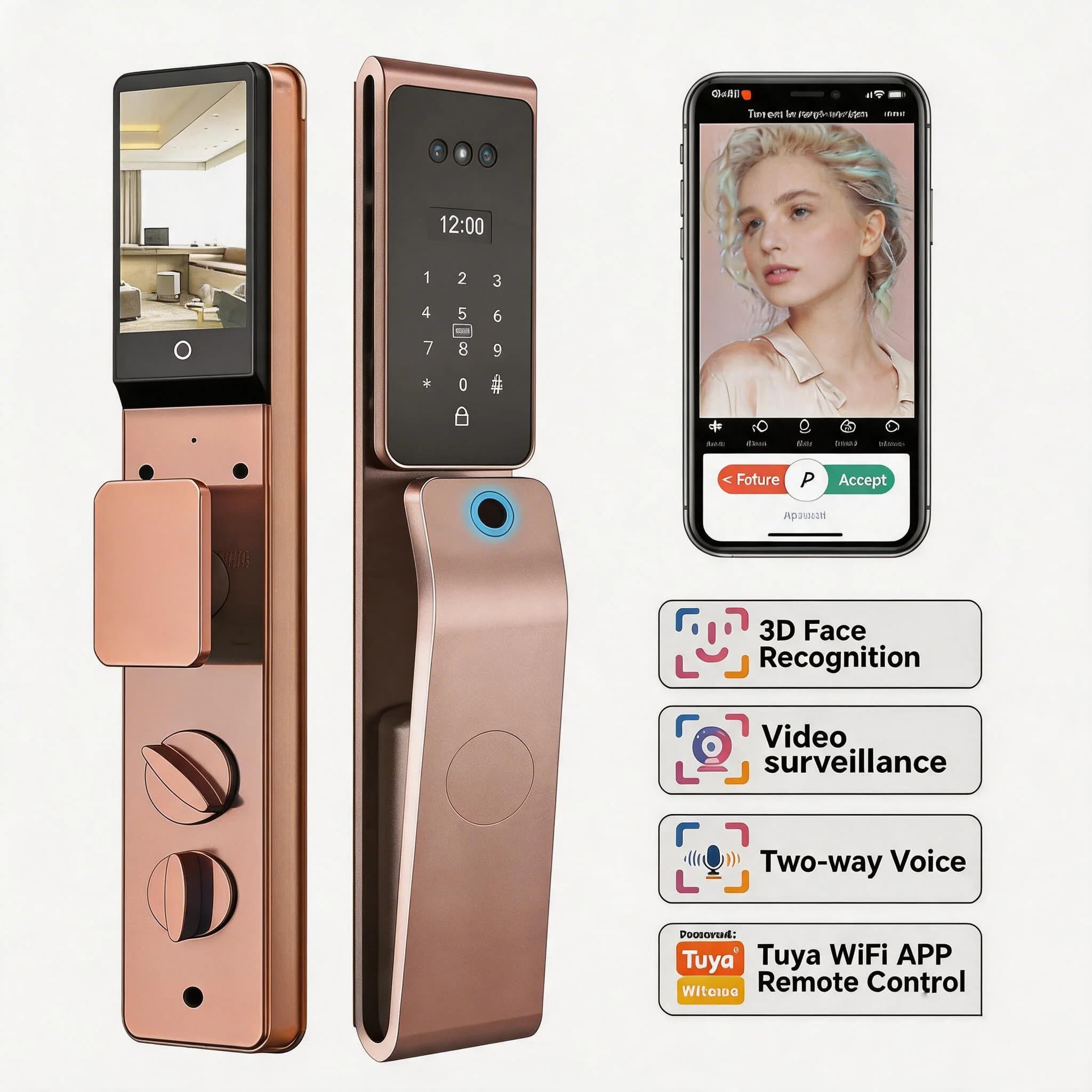 Smart Tuya WiFi Camera Door Lock 3D Face Recognition Fingerprint Multiple Unlock Fashionable Digital Home Office Door Lock