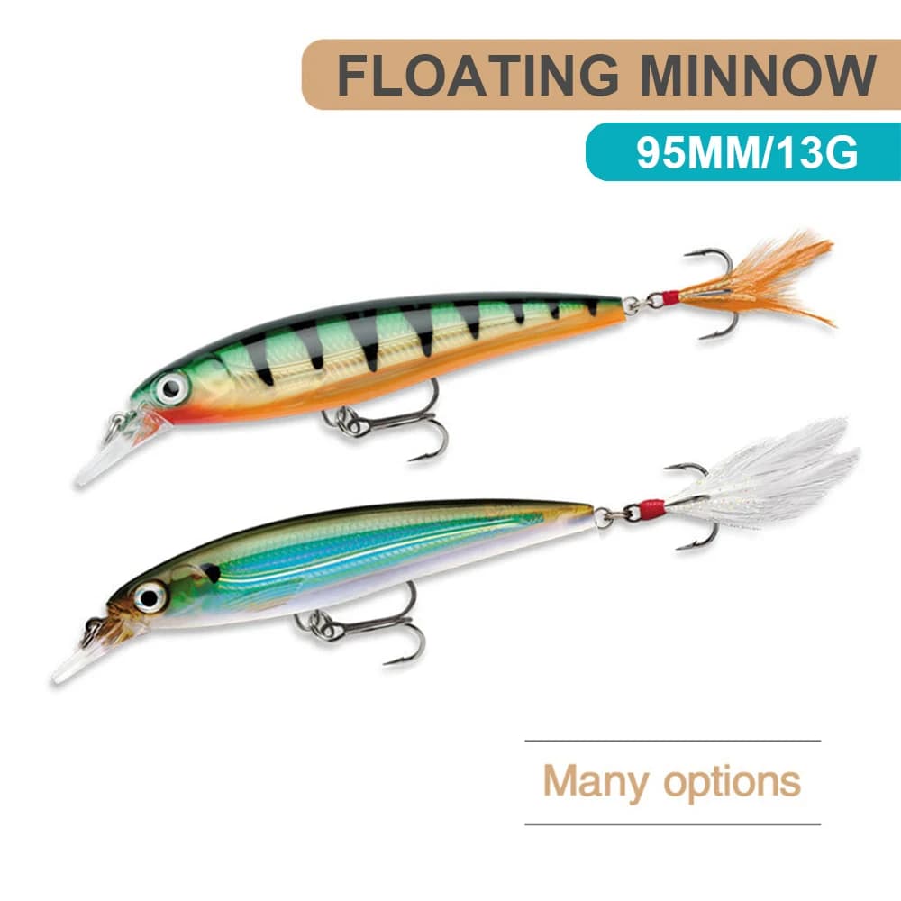 9.5cm 13g Fishing Lure Minnow Wobbler Floating Laser Feather artificiale Hard Bait Built-in Steel Ball Jerkbait per trota Bass