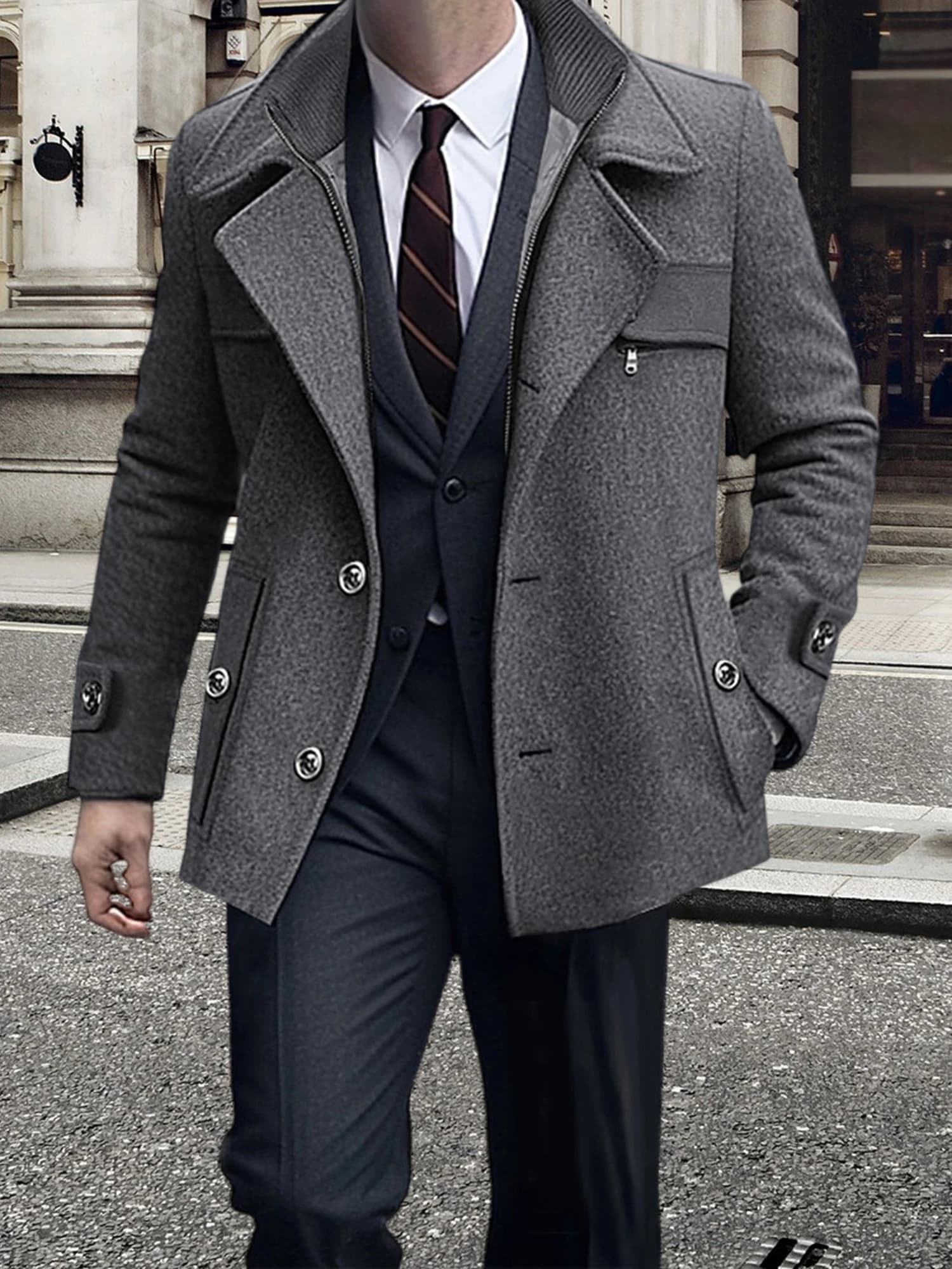 Cappotto classico da uomo in misto lana con risvolto dentellato Giacca invernale calda a maniche lunghe in tinta unita Cappotto abbottonato