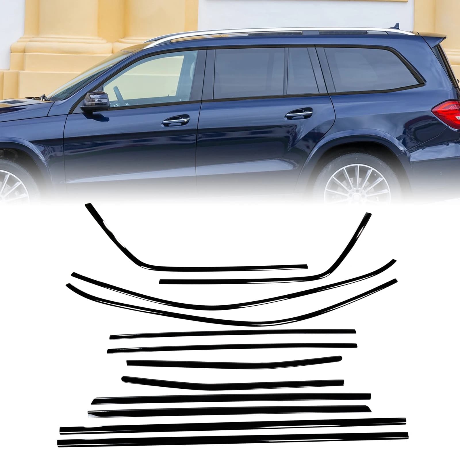 Kit Decorativo per Mercedes Benz GLS Classe X166 2012-2019, Modanature Esterne Nere Lucide per Finestrini, Guarnizioni e Strisce Decorative
