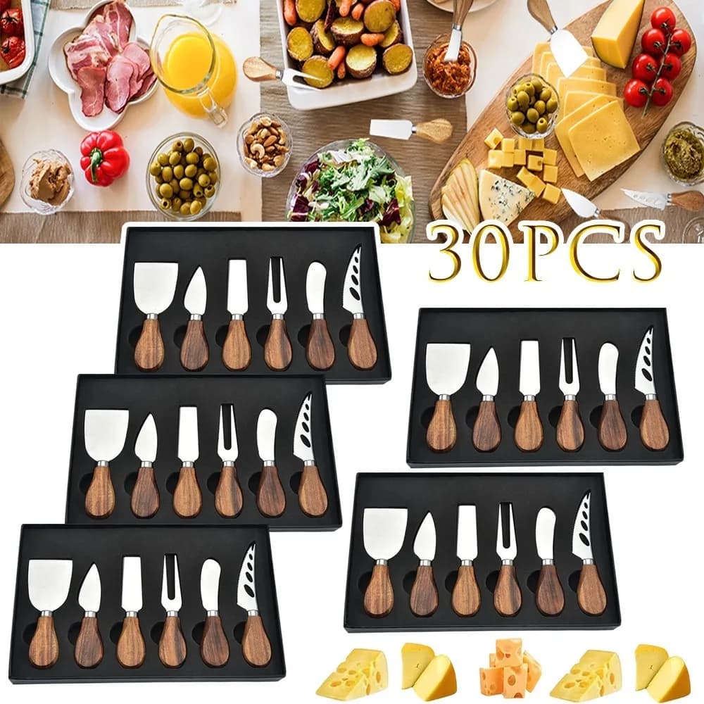 Set di 30 Coltelli per Formaggio Premium con Lame in Acciaio Inossidabile e Manici in Legno di Teak, Eleganti Coltelli da Cucina e da Tavola