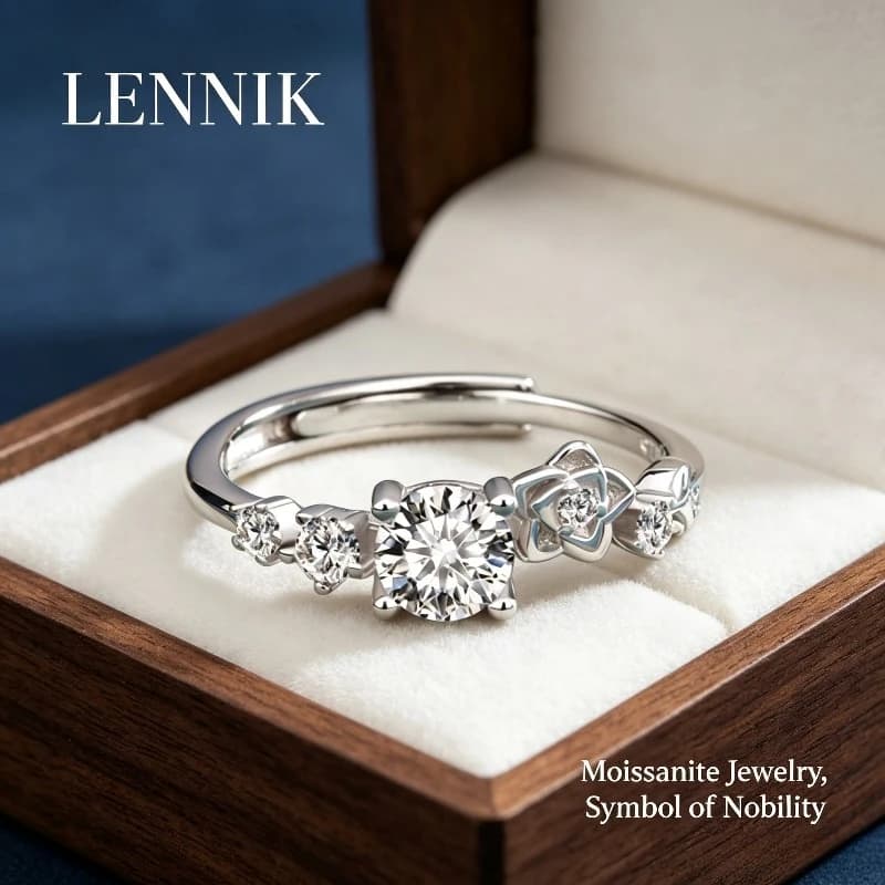 LENNIK S925 Sterling Silver Rose Shape Moissanite Ring Unique Design Light Luxury Finger Band Jewelry for Women