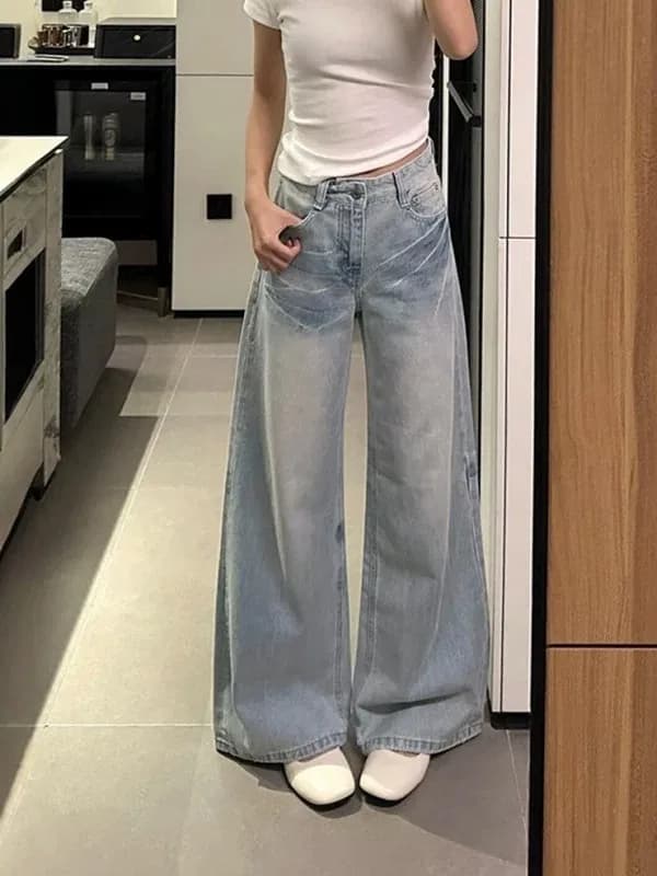 Jeans Americani a Vita Bassa e Gamba Larga da Donna, Modello Dritto e Casual, Blu Chiaro Lavato, Effetto Snellente, Lunghezza al Pavimento