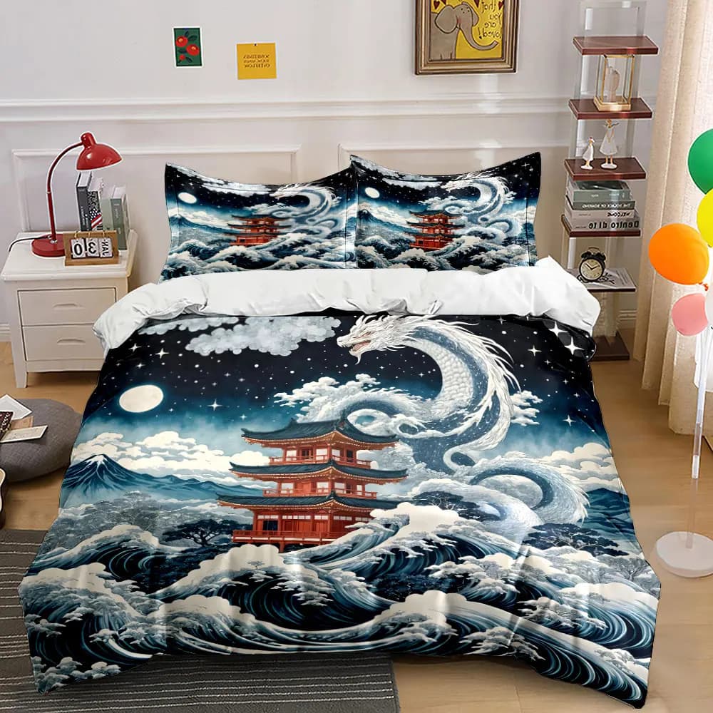 Set di biancheria da letto con stampa drago della pagoda rossa e onde tremolanti, 1 copripiumino, 2 federe per adulti e bambini, regalo di lusso, misura completa