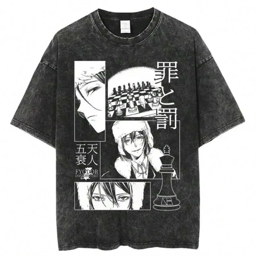 【Nuovo arrivo】 T-shirt da uomo con grafica in stile anime vintage, stile scacchi, nera, lavata, streetwear
