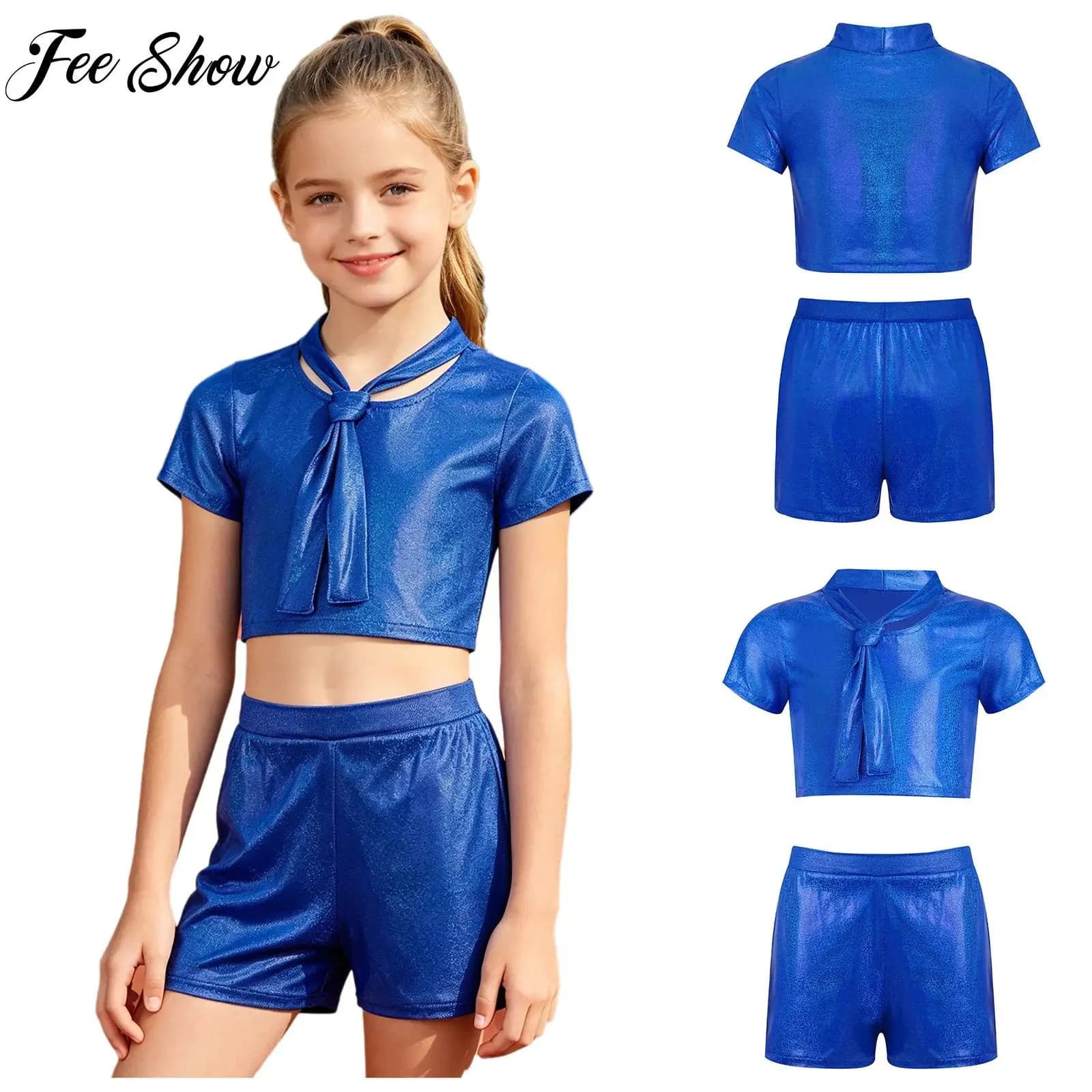 Completo da ballo di strada metallizzato in 2 pezzi per bambini e bambine, t-shirt a maniche corte con pantaloncini per performance di hip hop e cheerleading