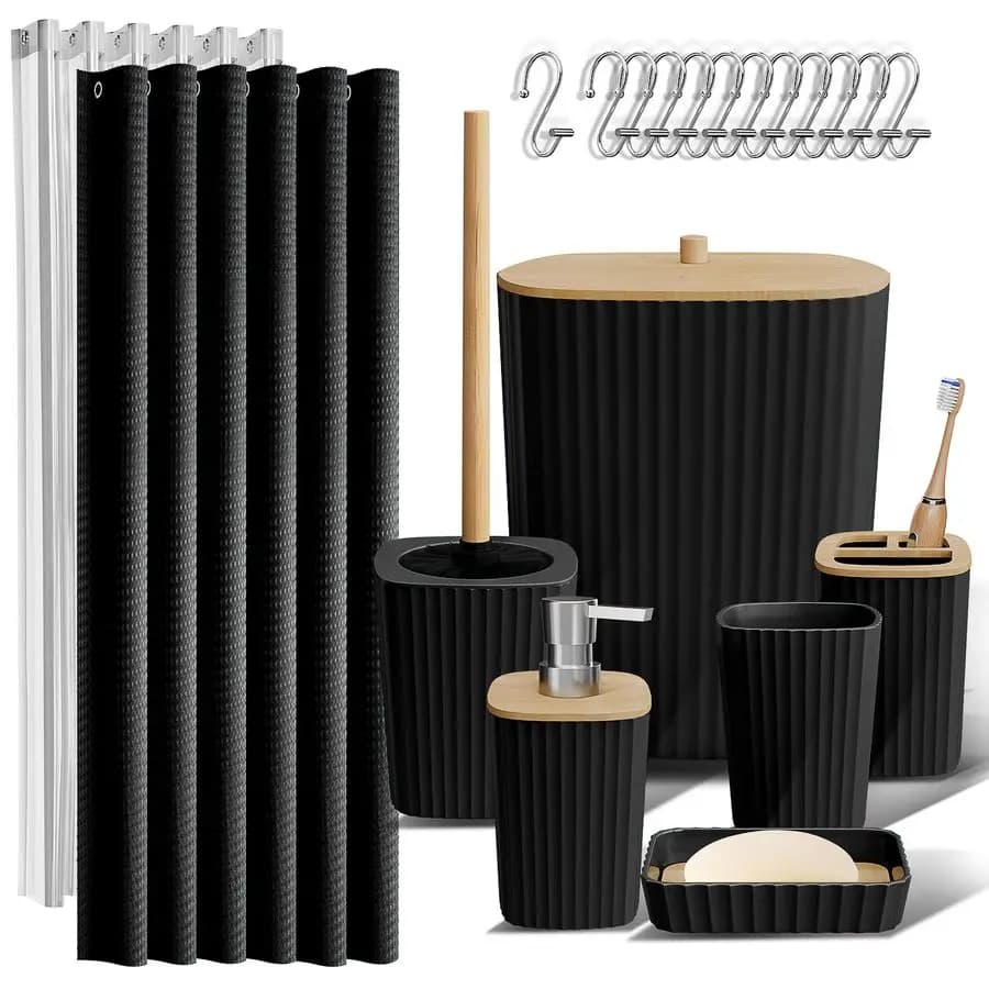 Set di accessori per il bagno Set da bagno, set di accessori per il bagno, set di tende da doccia, scopino per WC, dispenser di sapone per pattumiera Bl