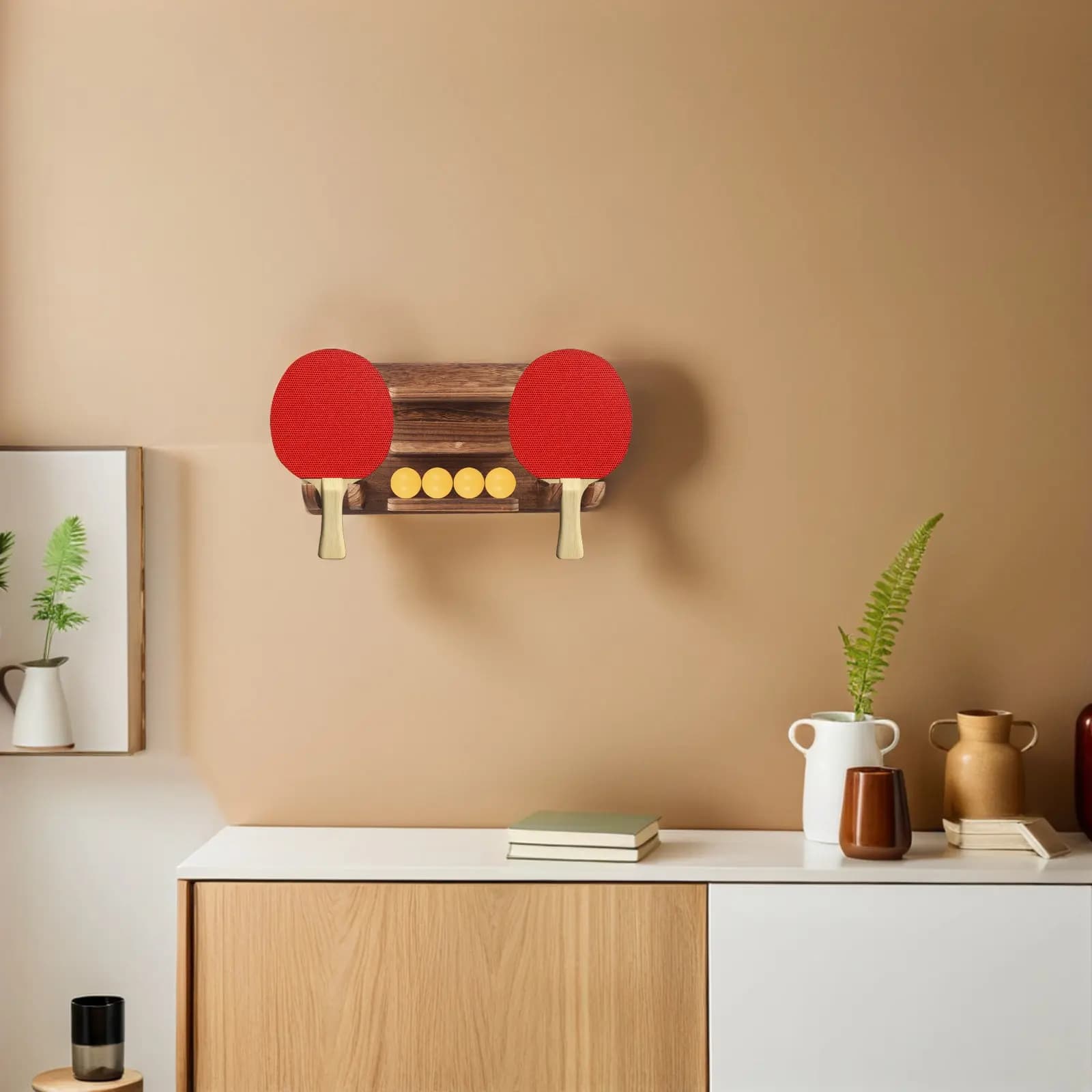Porta Racchette da Ping Pong da Parete in Legno, Organizzatore per 6 Racchette e 12 Palline, per Sala Giochi e Ufficio