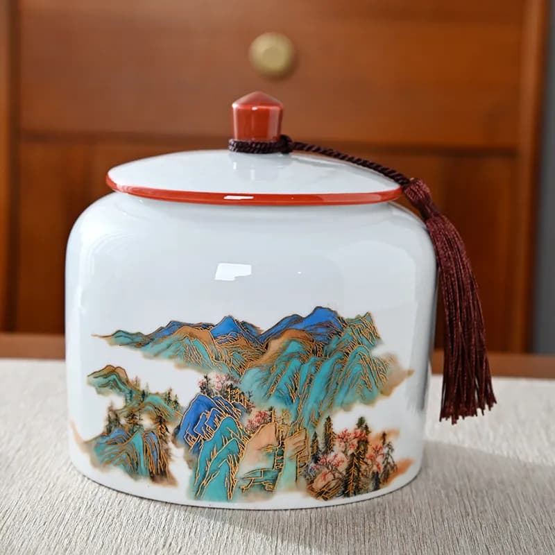 Chinese Ceramic Tea Canister Creative Landscape Airtight Jar Household Moisture-proof Storage Jar for Candy Nut and Coffee Beans