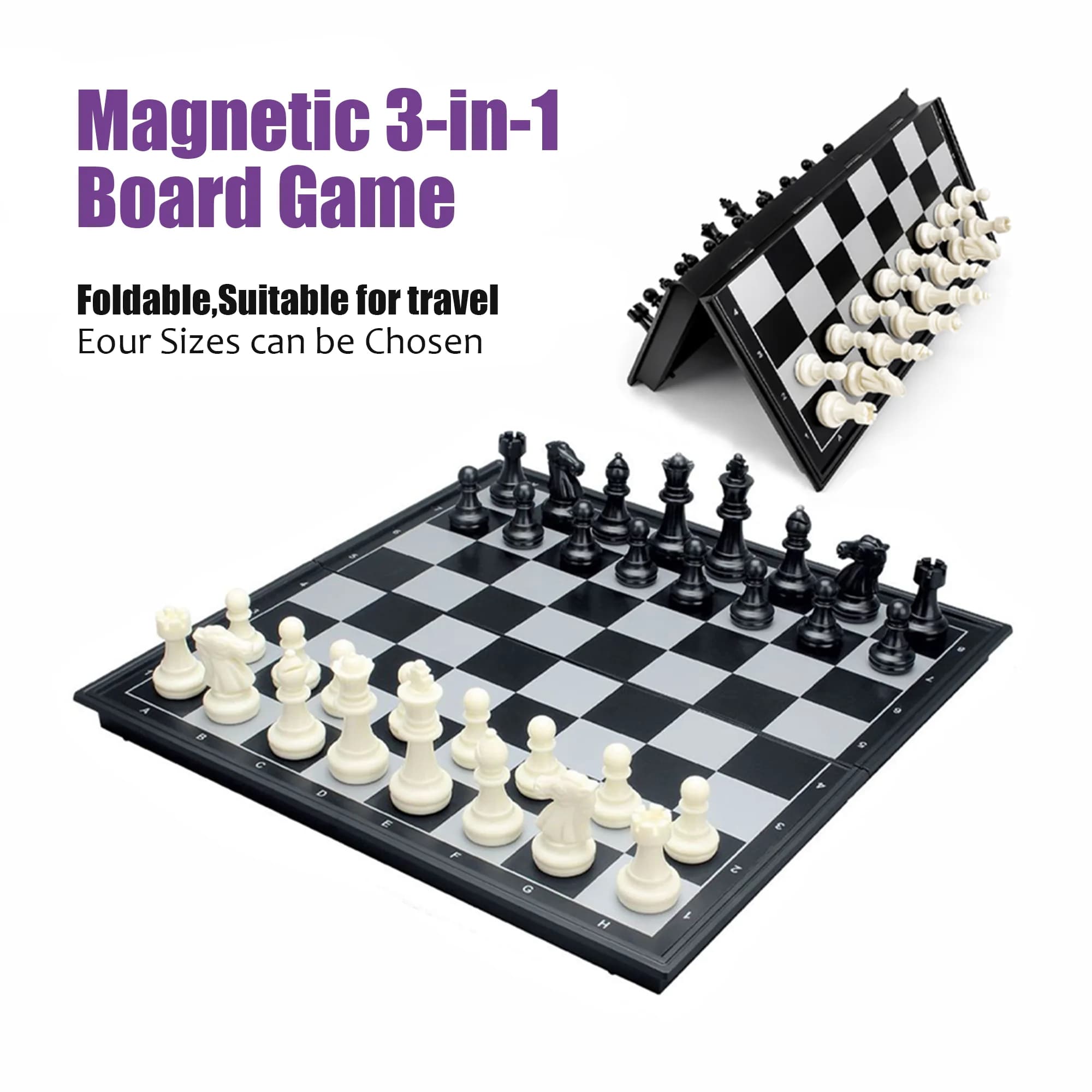 Set da Gioco 3 in 1 Pieghevole: Scacchi, Dama e Backgammon, Gioco da Tavolo Portatile in 4 Misure, Giocattolo Educativo da Viaggio, Regalo per Bambini