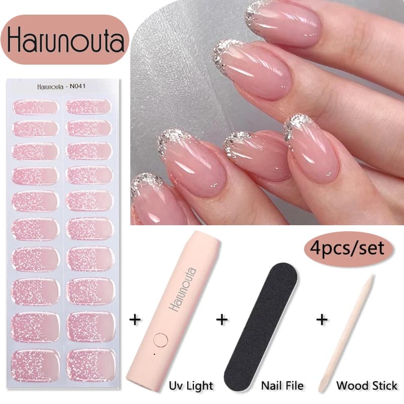 Harunouta 4 Pz/set Sparkly Shinning Semi Curato Gel Strisce Per Unghie Lampada Per Unghie Gelatina Francese Impermeabile Smalto Gel Adesivi Per Unghie Kit