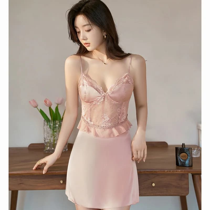Pink Lace Night Shirt Women's Sexy Night Shirt with Straps Night Shirt Night Watch Women's Summer Dress in satin silky Bathrobe Pigiama
