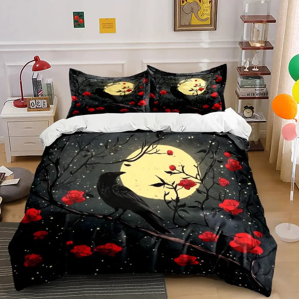 Set di biancheria da letto con copripiumino morbido e confortevole Moonlight Raven Floral Art, include 1 copripiumino e 2 federe, regalo