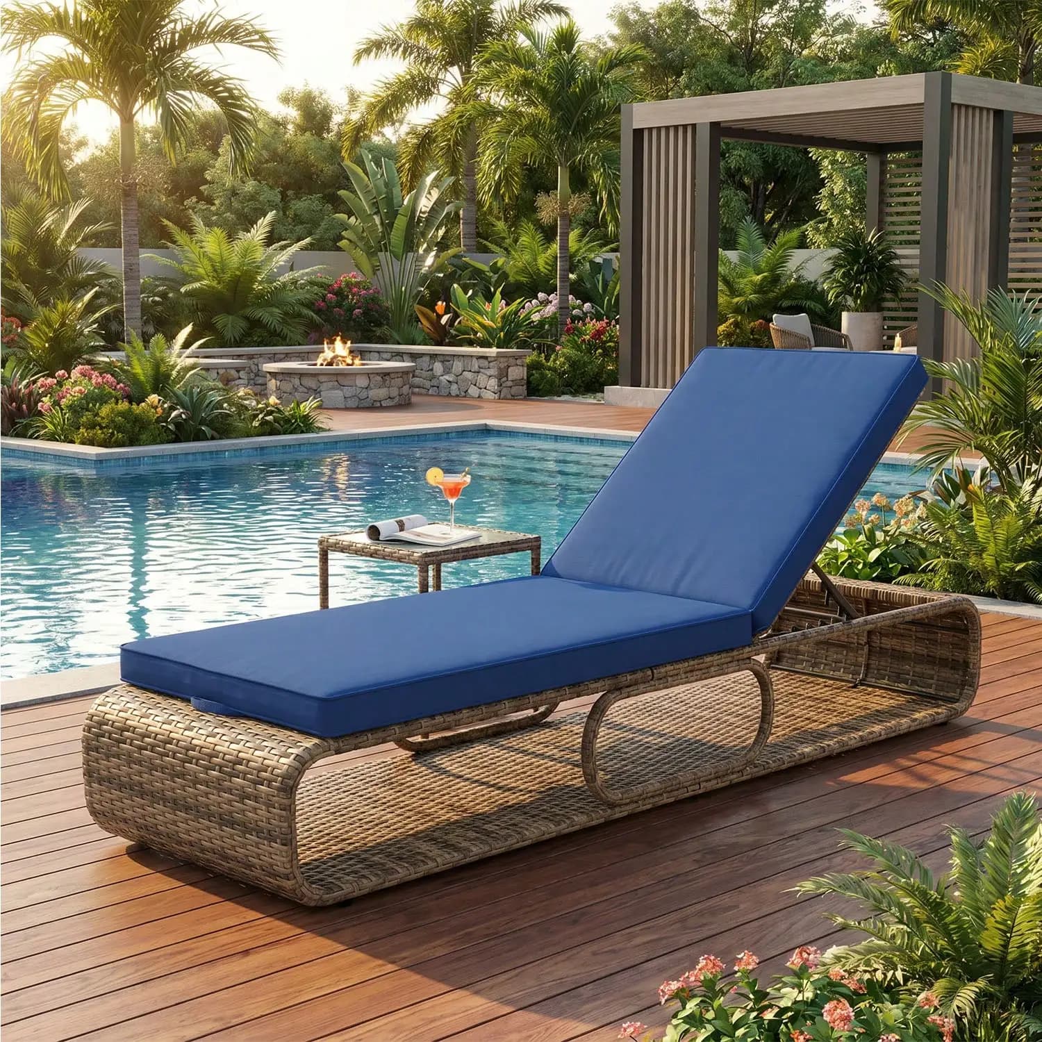 Lettino prendisole da esterno in vimini PE regolabile a 7 livelli, con cuscino rimovibile, per patio, piscina, giardino, balcone e portico