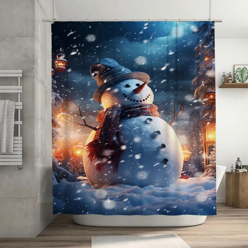 TuniuFestive Tenda da doccia invernale con pupazzo di neve, carina decorazione per il bagno, accogliente sfondo natalizio