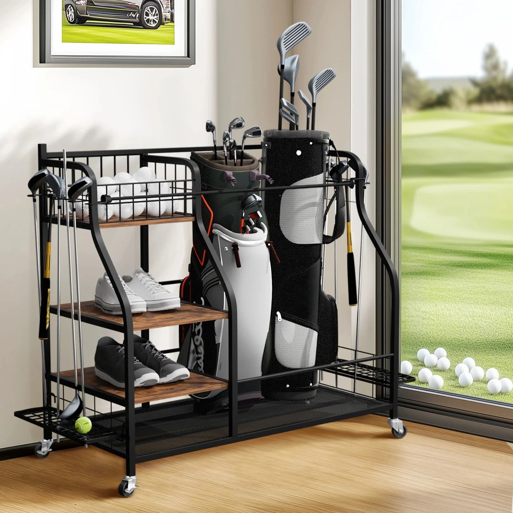 Multifunctional Rolling Golf Bags Storage Shelf Metal Sports Equipment Organizer Rack with Wheels