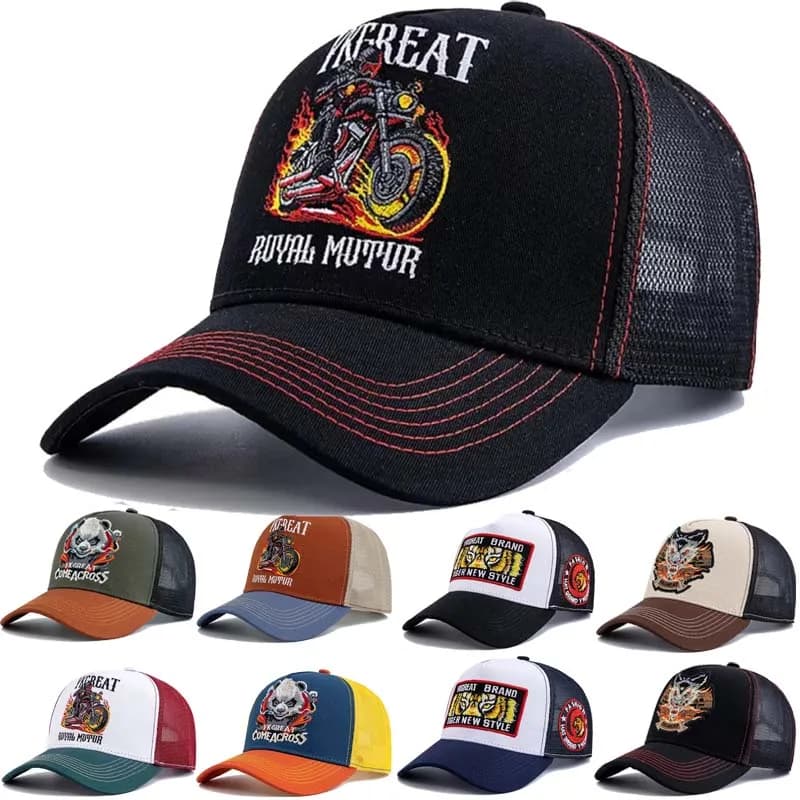 Hot Sale Motorcycle Embroidered Trucker Hat Flame Biker Patch Baseball Cap For Man Woman Breathable Streetwear Summer Mesh Caps