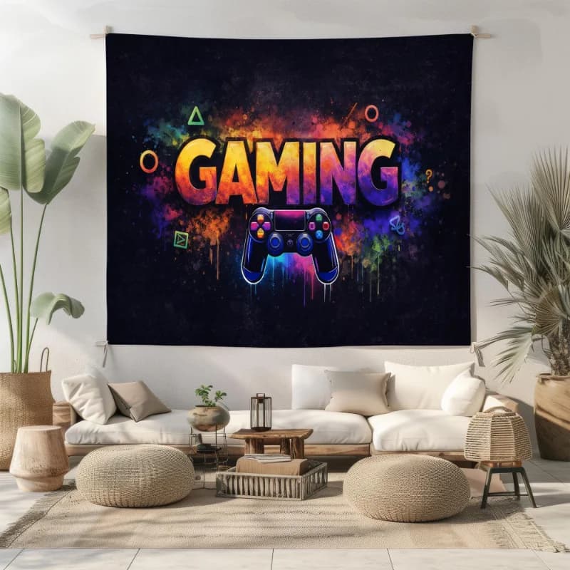 VIKAMA Gaming Tapestry Neon Game Controller Skeleton Wall Hanging Fluorescent UV Black Light Esports Room Home Decoration