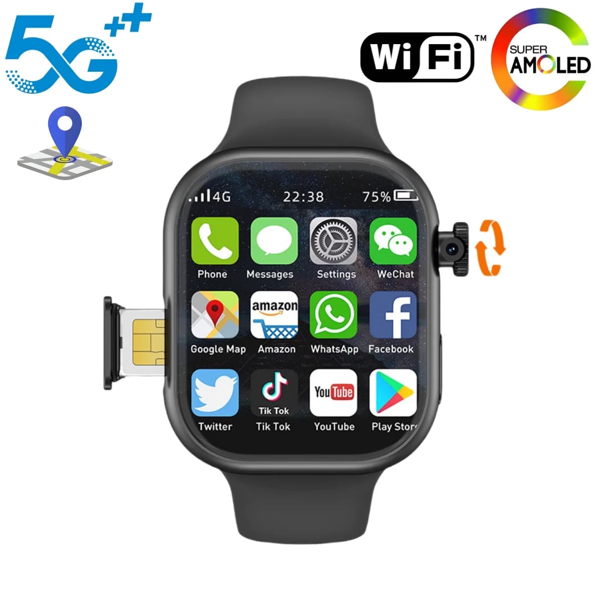 VP19 S10 Smartwatch Uomo Donna Orologi intelligenti con schermo Amoled da 2,29 pollici Fotocamera rotante GPS WIFI 4G/5G Slot per scheda SIM Bussola NFC