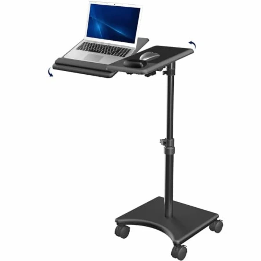 Carrello per laptop da divano con struttura in acciaio nero 15 x 12 pollici con braccio estensibile, altezza e inclinazione regolabili, supporto per tablet con ruote