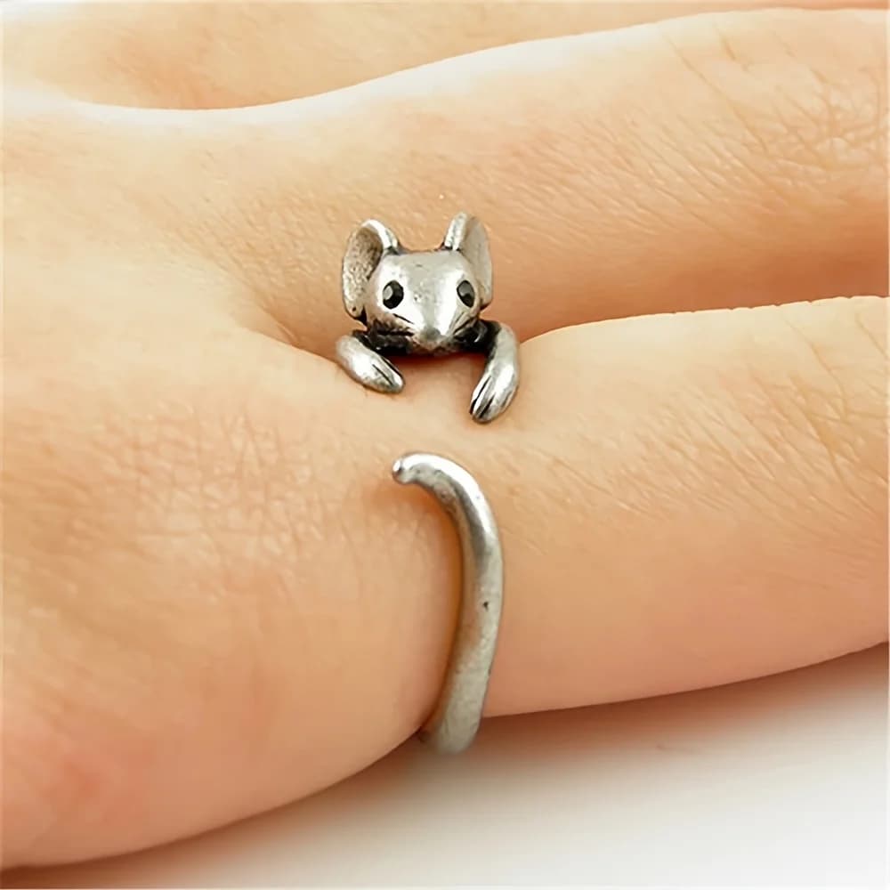 2026 Hot Jewelry Huitan Vintage Mouse Animal Bar Ring for Women Old Silver Gothic Color Girls Knuckle Rings Fantasy Gift