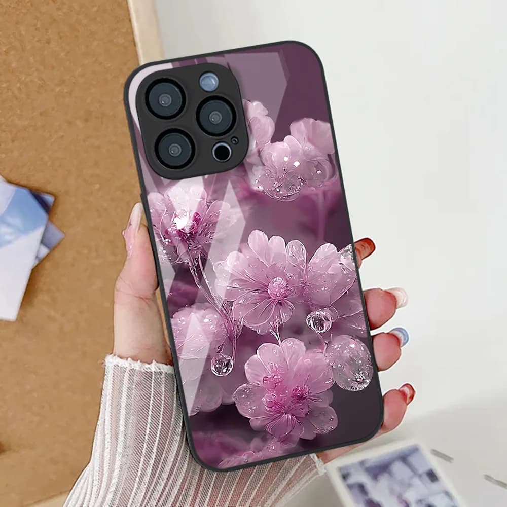 Custodia per telefono in vetro temperato fiore per iPhone 11 16 15 14 13 12 17 Pro Max 17 Air 16E 7 8 Plus XR SE Cover antiurto in silicone TPU