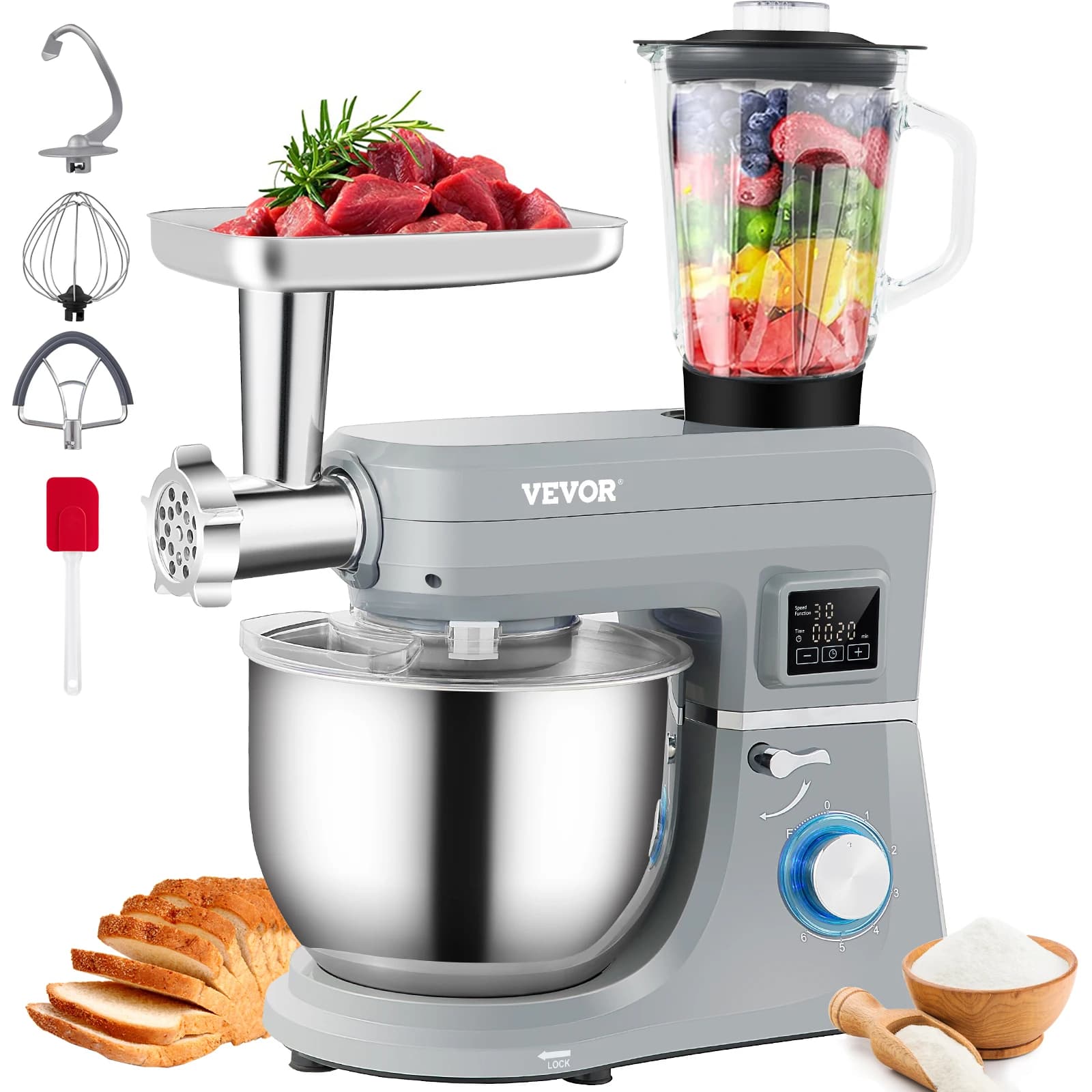 SucceBuy Ground Mixer 5 IN 1 Multi-functional electric mixer with 6-speed LCD screen Temporary Hook for 7.4 Qt stainless steel bowl kneading