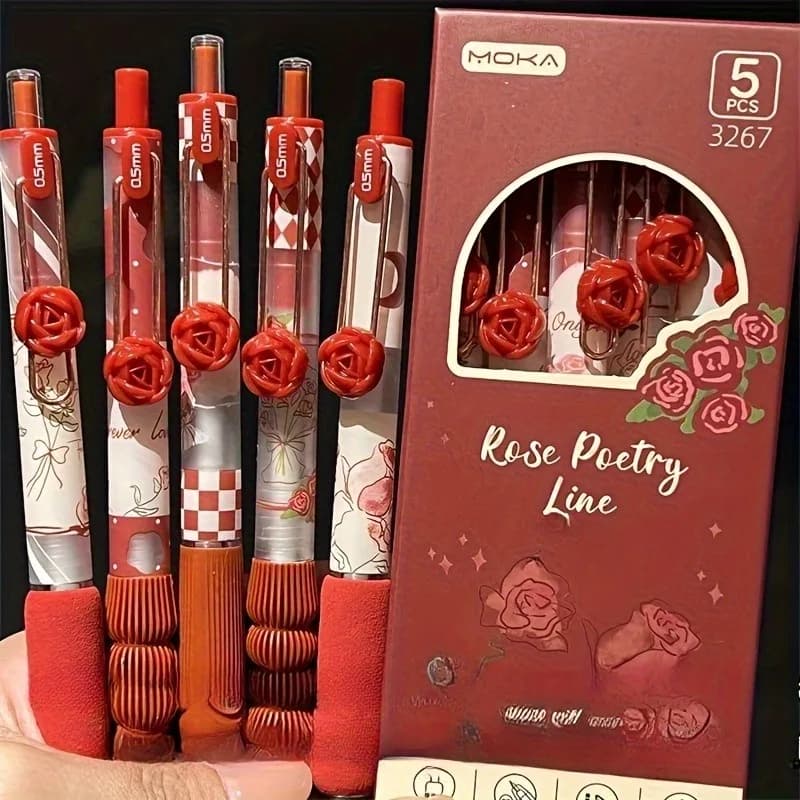 Penna a pressione con motivo rosa, 5 pezzi, penna neutra, penna nera con impugnatura morbida, penna per firma a rapida asciugatura, penna creativa