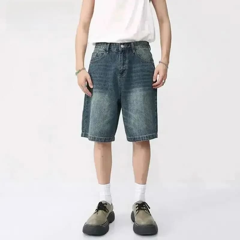 IEFB Summer Loose Fit Korean Style Retro Denim Shorts for Men Comfortable Breathable Casual Short Pants in Blue And Black