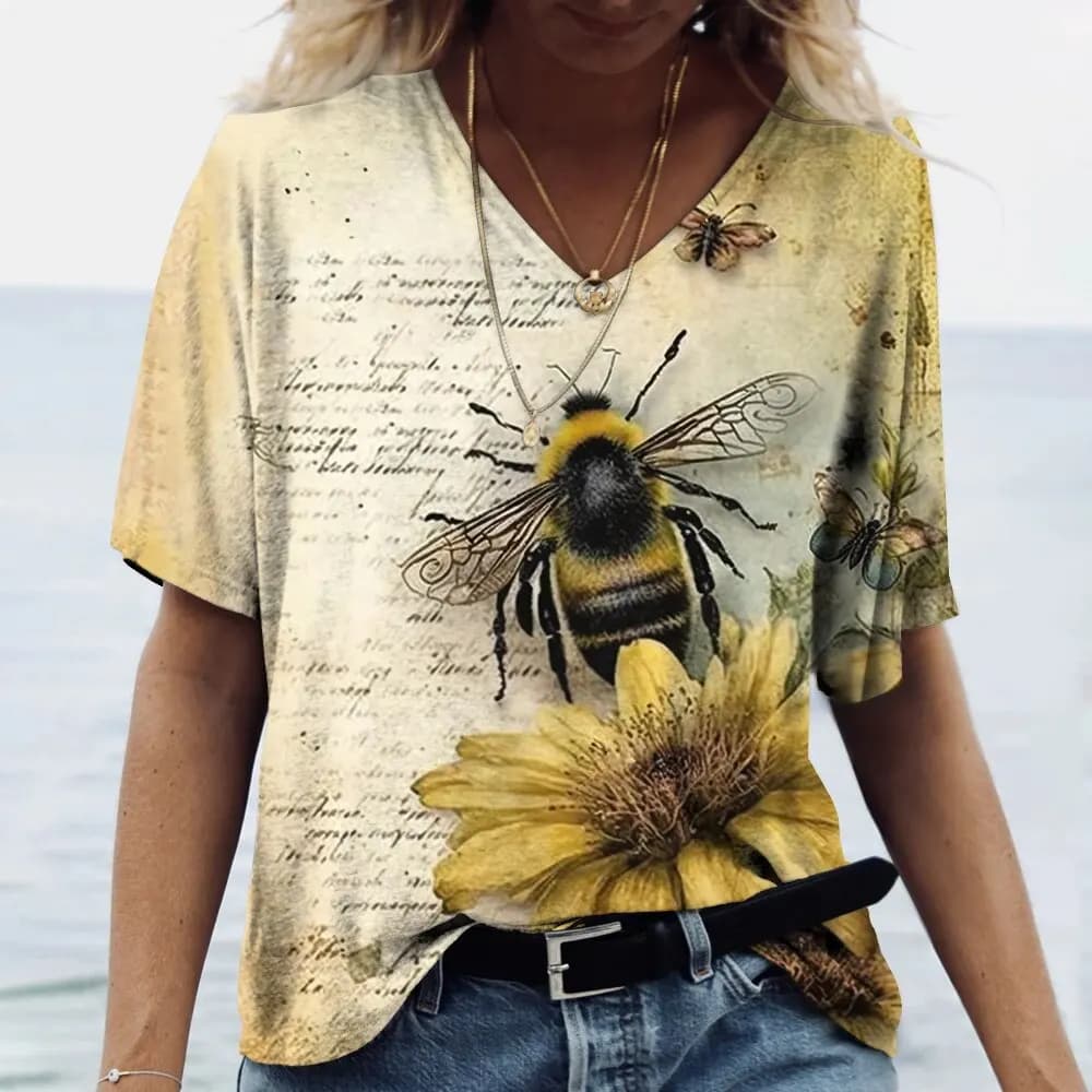 Estate Honey Bee 3D Stampa T-shirt Donna Scollo a V Manica corta Girasole T Shirt Y2K Tees Harajuku oversize Top Abbigliamento femminile