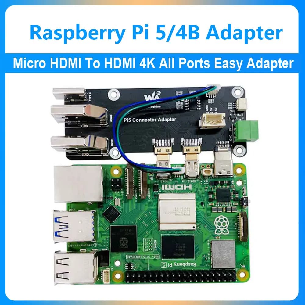 Raspberry Pi 5/4B Micro HDMI to HDMI Easy Adapter board double output 4K all ports to the USB side of Pi UART