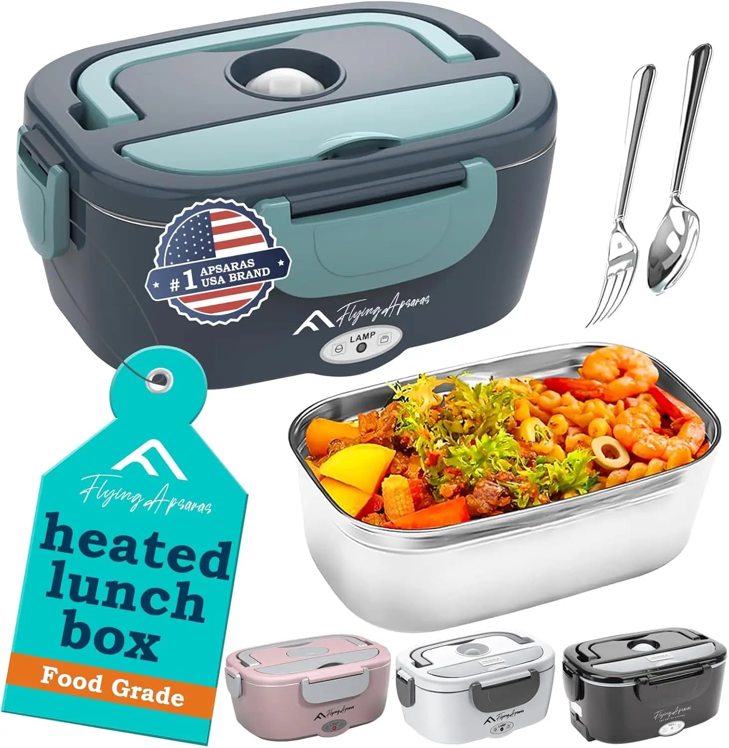 APSARAS Lunch Box elettrico 60-80W, scaldavivande portatile 3in1 per auto/ufficio, 12V/24V/110V, include forchetta SS e borsa termica (verde