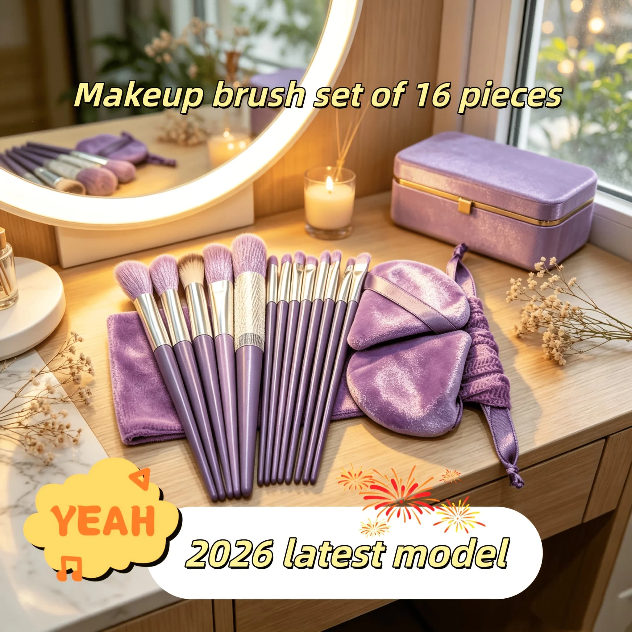 16Pcs Professional Makeup Brush Set w/ Pouch, Sponge & Puff, Soft Bristles for Foundation, Blush, Eyeshadow, 2026 New Gift