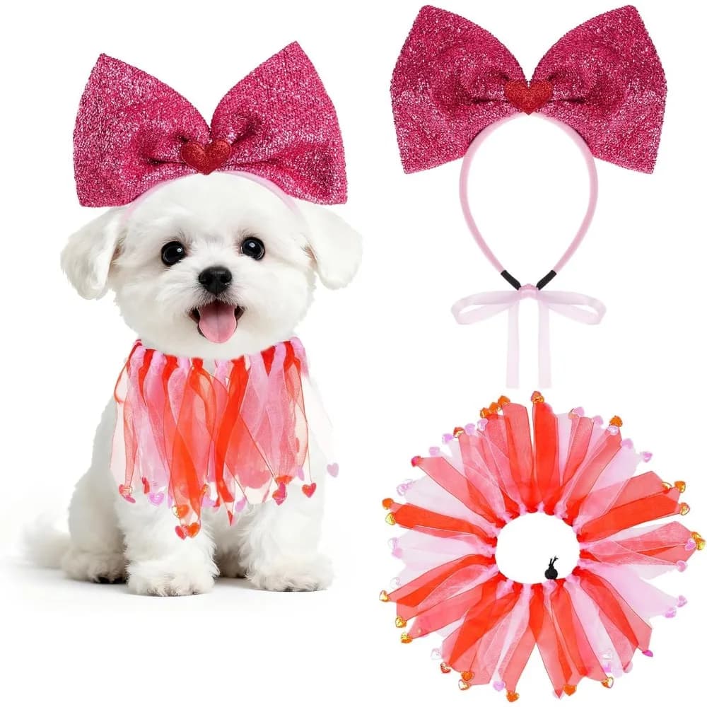 Valentine's Day Outfit with Pink Bow Headband and Collar for Small to Medium Dogs and Cats