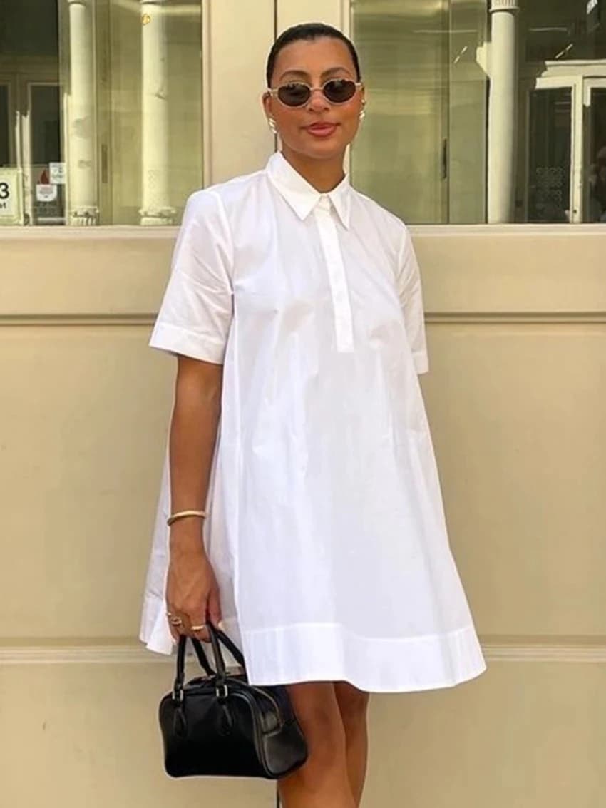 Summer Loose White Cotton Women's Dress Casual Lapel Short Sleeve Mini Dresses Elegant Classic Solid Female Dress
