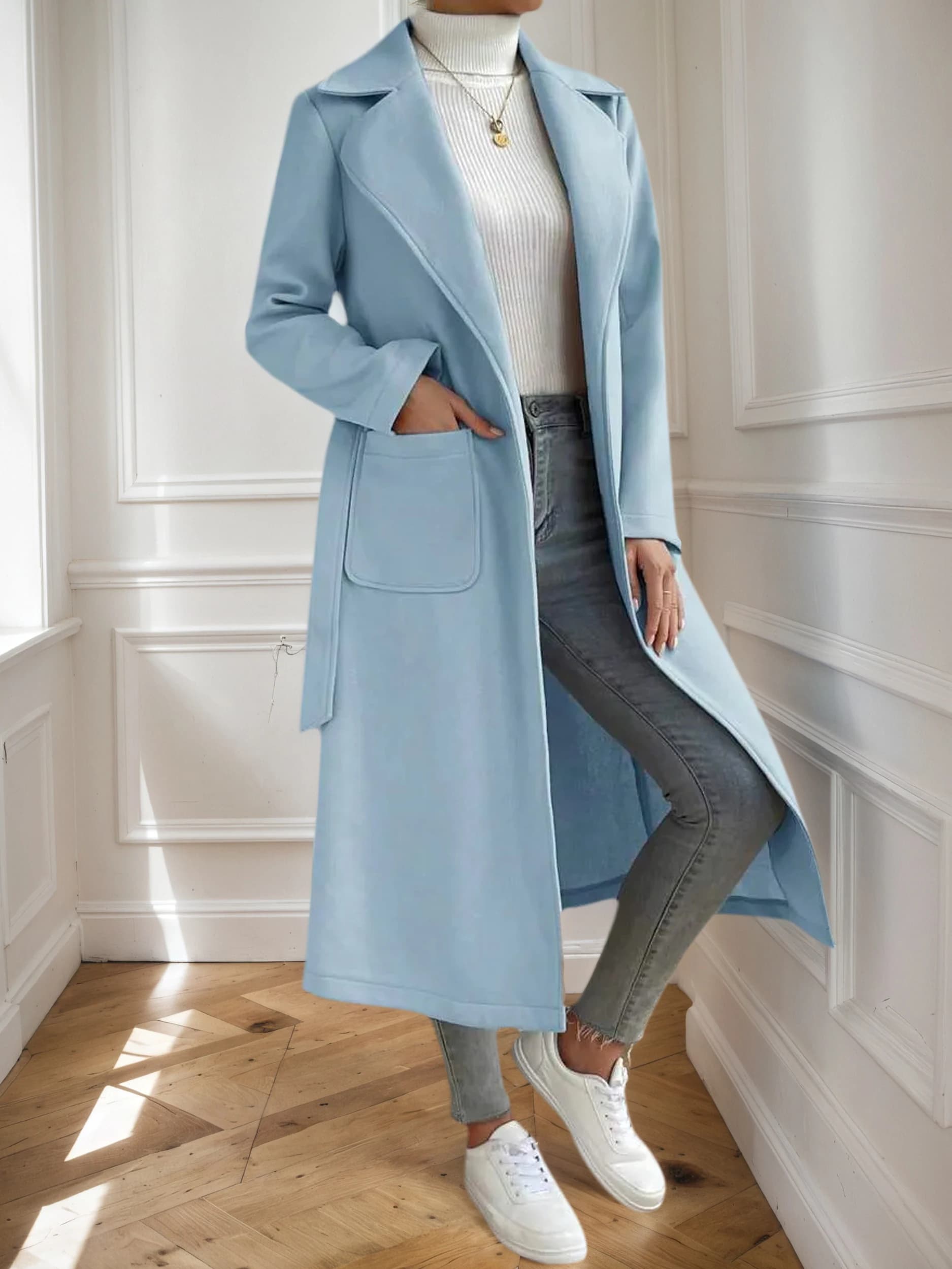 Women's Fashion Long Sleeves Autumn Winter Coat Long Wind Jacket Women's Slim fit Sewn Waist