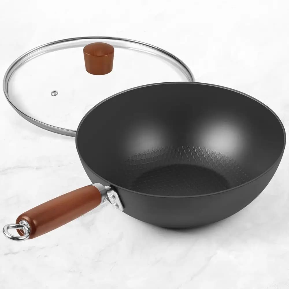 Carbon Steel Wok, Set of 9.5 Inches for Stir-Fry with Glass Cover, Light 1,65 lb, Small Wok for 1-2 portions
