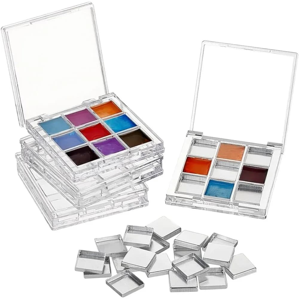 4 set con tavolozza per acquerello vuota da 9 pozzetti, scatola di latta trasparente, tavolozza in metallo, custodia per pittura con coperchio per ombretto, kit per la creazione di Plein Air