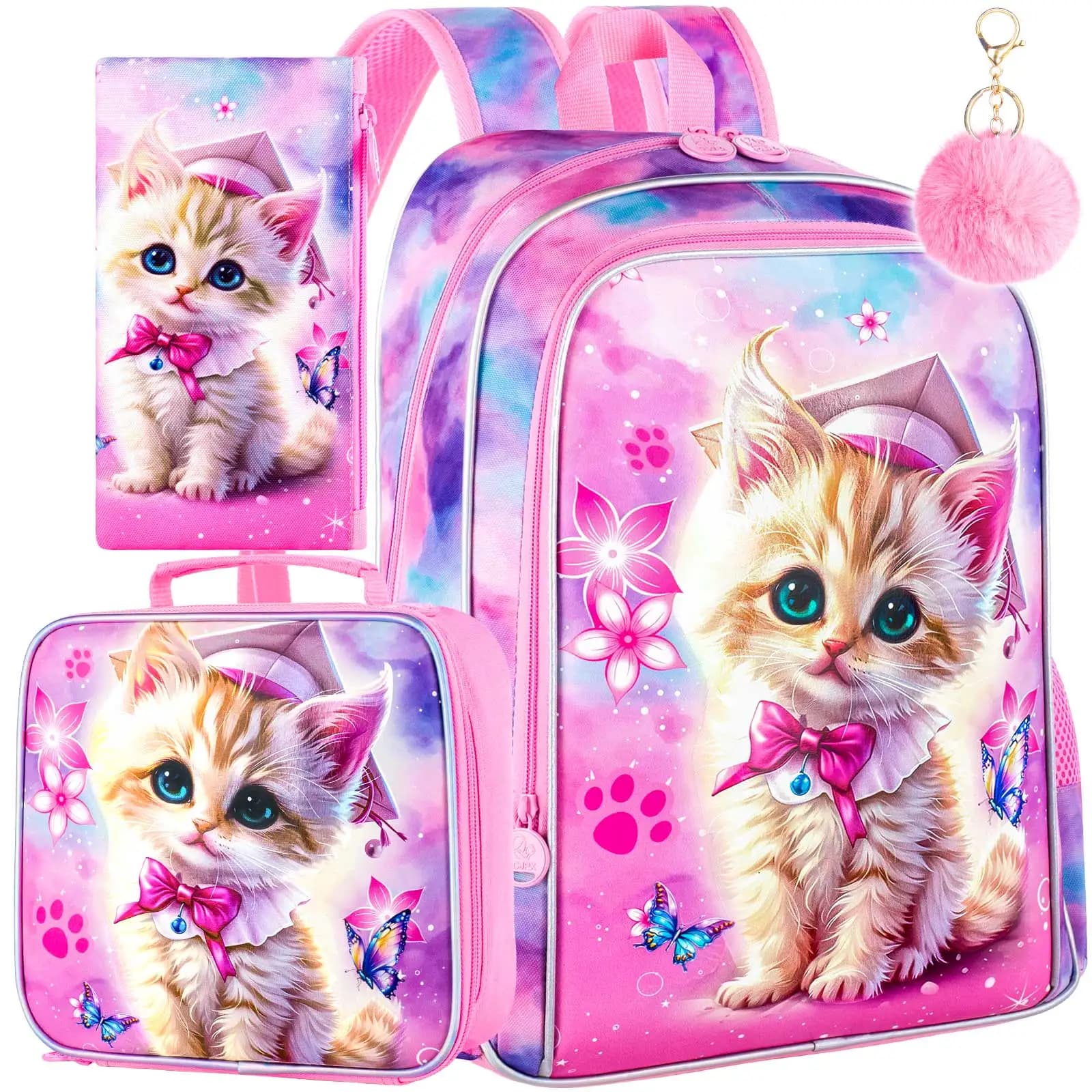 Set di 3 Zaini per Bambine con Motivo Gatto, Zaino da 16 Pollici con Porta Pranzo, Borsa Scolastica Resistente all'Acqua per Scuola Elementare e Prescolare