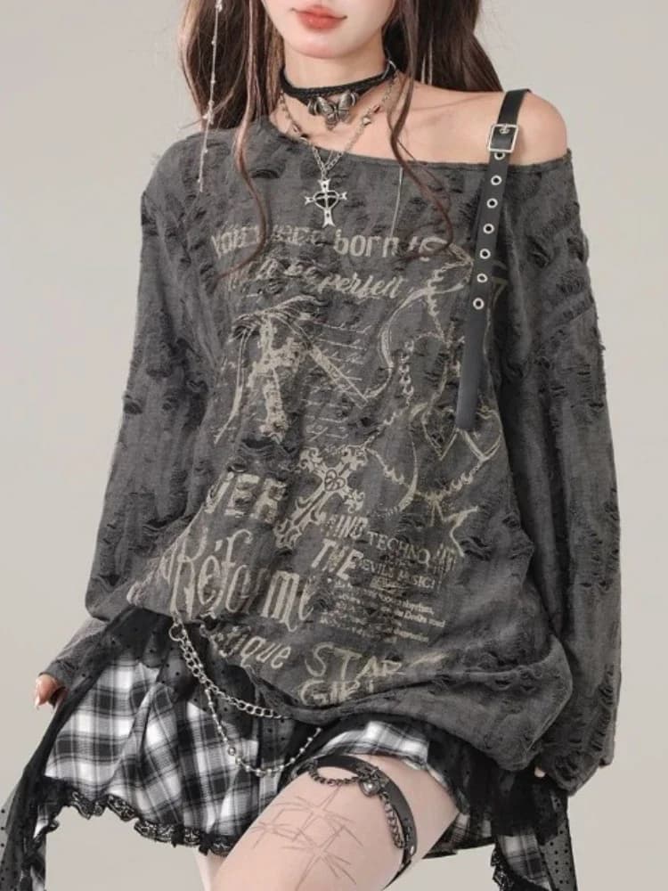 T-shirt Gotico Grunge Scuro con Cut-out Donna 2024 Autunno, Maglietta Sexy con Spalle Scoperte Stile Harajuku, Top Punk Femminile con Stampa Lettering