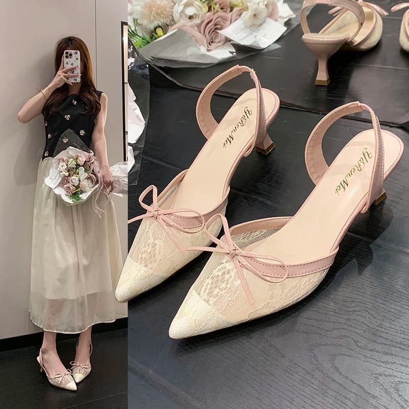Ladies Summer Sandals Elegance Lace Bow Pointed Toe Thin Heels Slingbacks Pumps Women Wedding Banquet Dress Mules Shoes
